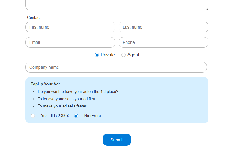 Desktop add advert top up and submit controls