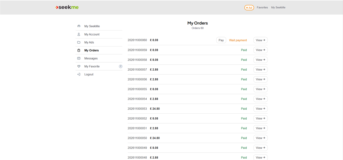 Desktop My Orders page with waiting top-up order